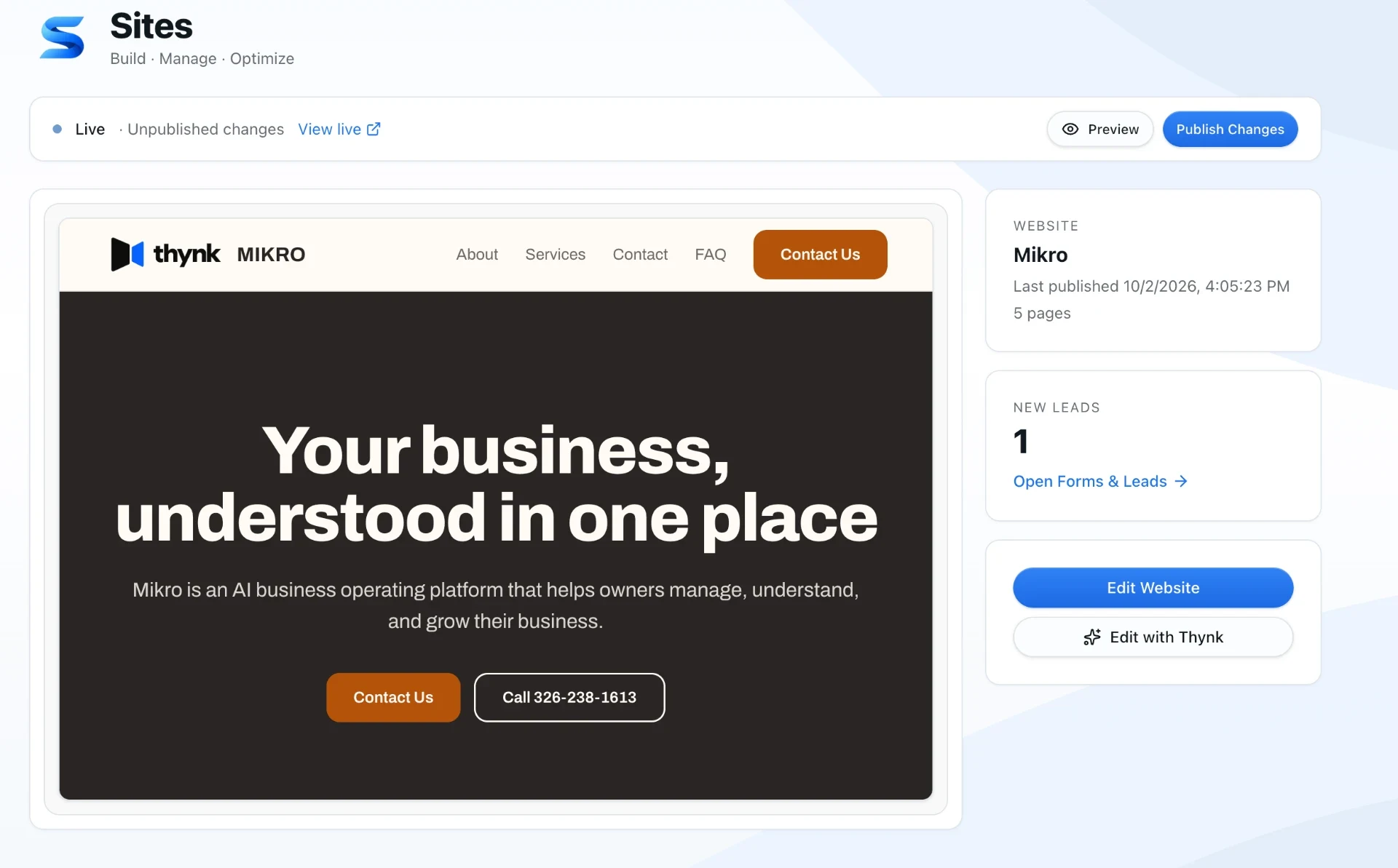 Thynk Sites website creation interface